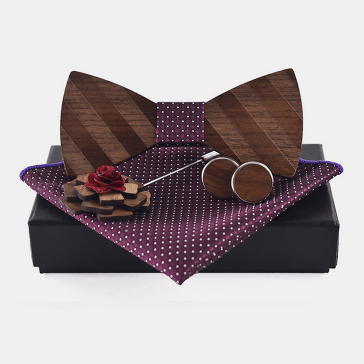 Men 4PCS Wedding Birthday Gift Set Square Scarf Cufflinks Brooch Wooden Bowtie Combo Set - MRSLM