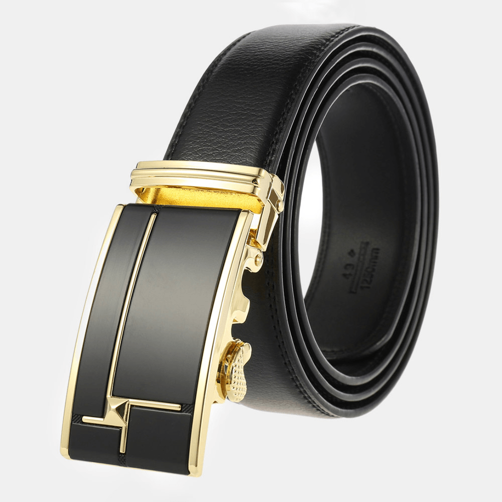 Men Genuine Leather Rectangular Alloy Automatic Buckle 3.5 CM Casual Business Wild Belt - MRSLM