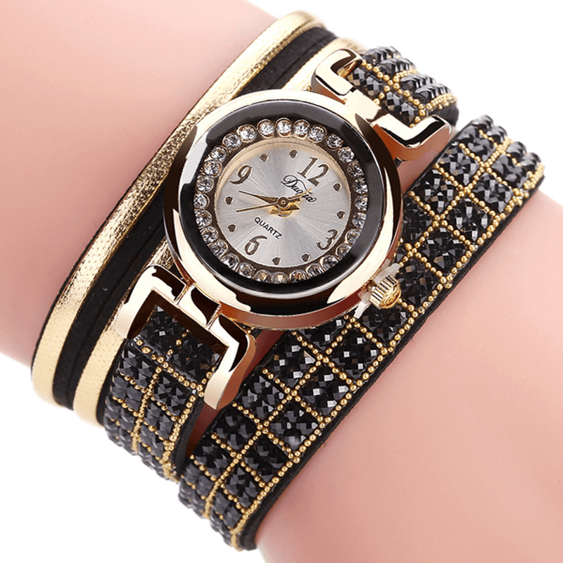 DUOYA Fashion Style Leather Band Bracelet Winding Rhinestones Dial Quartz Moement Ladies Watches - MRSLM