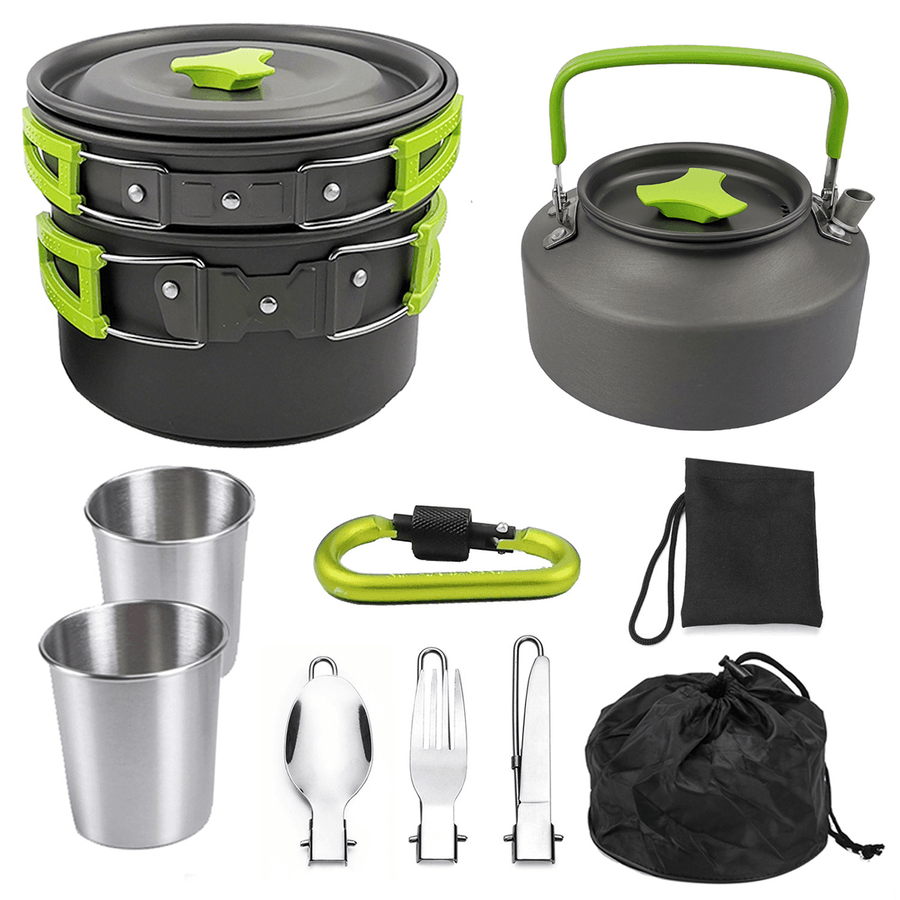 9PCS Ultra-Light Aluminum Alloy Camping Cookware Utensils Outdoor Picnic Cooking Set Tableware + Kettle + Pot + Frying Pan + Cups - MRSLM