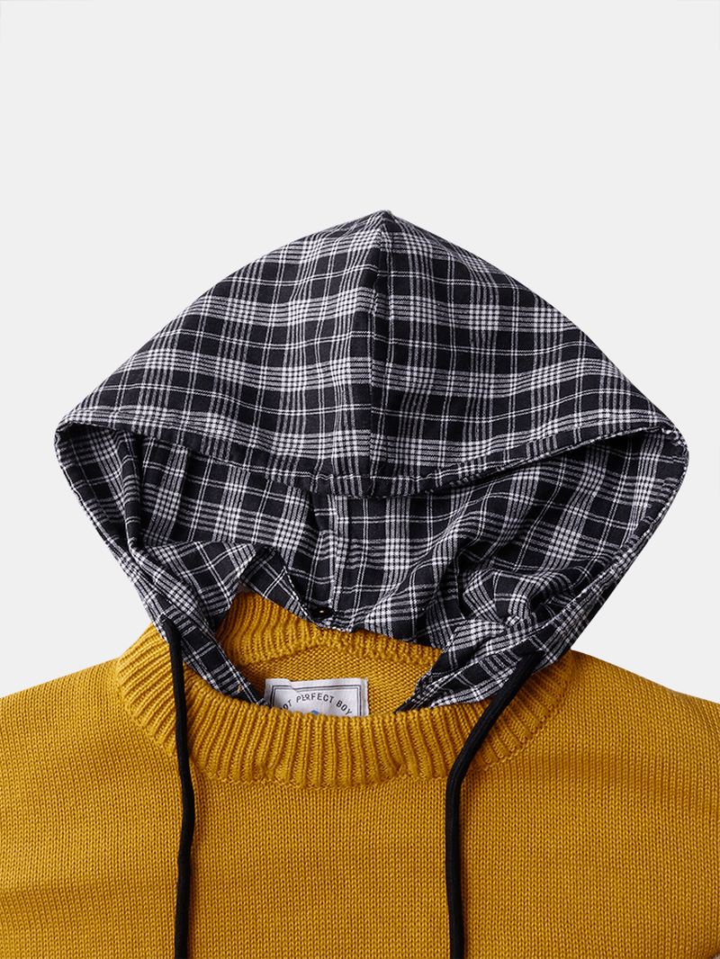 Mens Patchwork Casual Knitted Drawstring Plaid Hooded Sweater - MRSLM