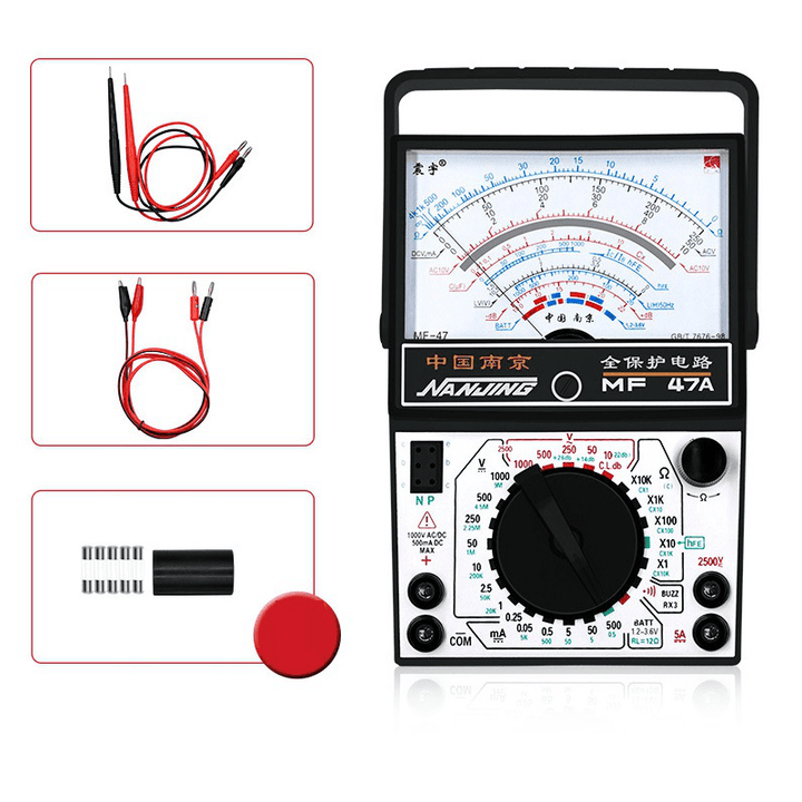 MF47A DC/AC Voltage DC Current Resistance Capacitance Buzzer on off Battery Testing Diode Analog Multimeter with Alligator Clip Line - MRSLM