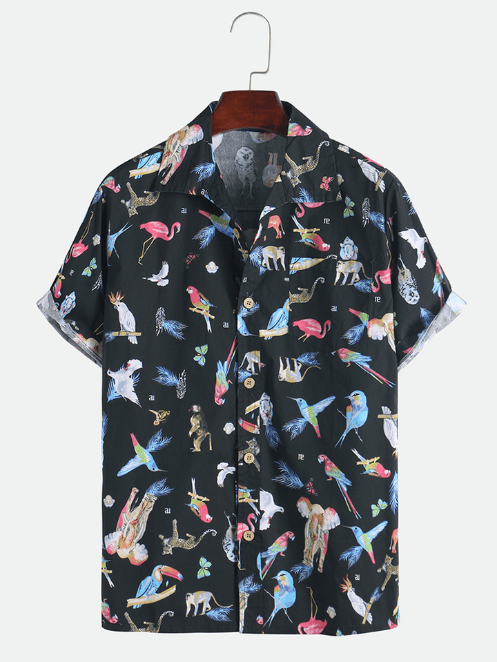 Mens Cotton Funny Animals Cartoon Print Causal Loose Short Sleeve Shirts - MRSLM