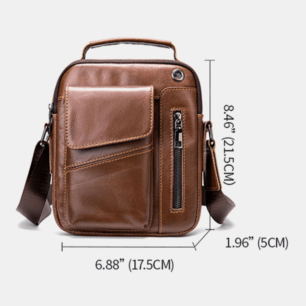 Men Genuine Leather Multi-Pockets Earphone Hole Vintage Waterproof Crossbody Bags Shoulder Bags - MRSLM