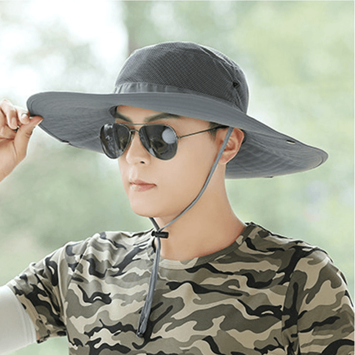 Men Summer UV Protection Wild Big Brim 12 Centimeters Visor Adjustable Sun Hat Bucket Hat for Fishing Mountaineering - MRSLM