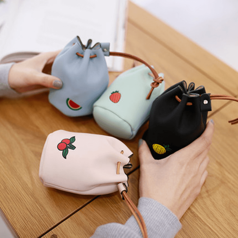 Women Pu Leather Fruit Pattern Coin Bag String Change Bag - MRSLM