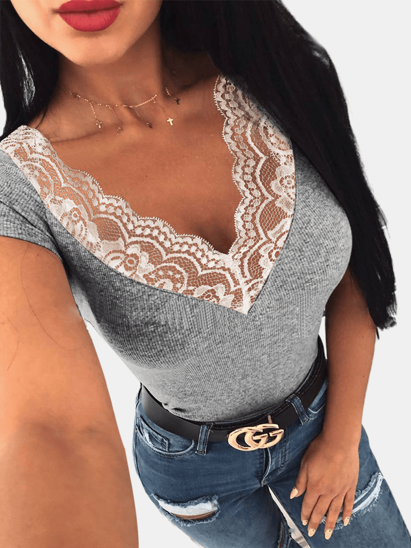 Lace Patchwork V-Neck Short Sleeve T-Shirts for Women - MRSLM