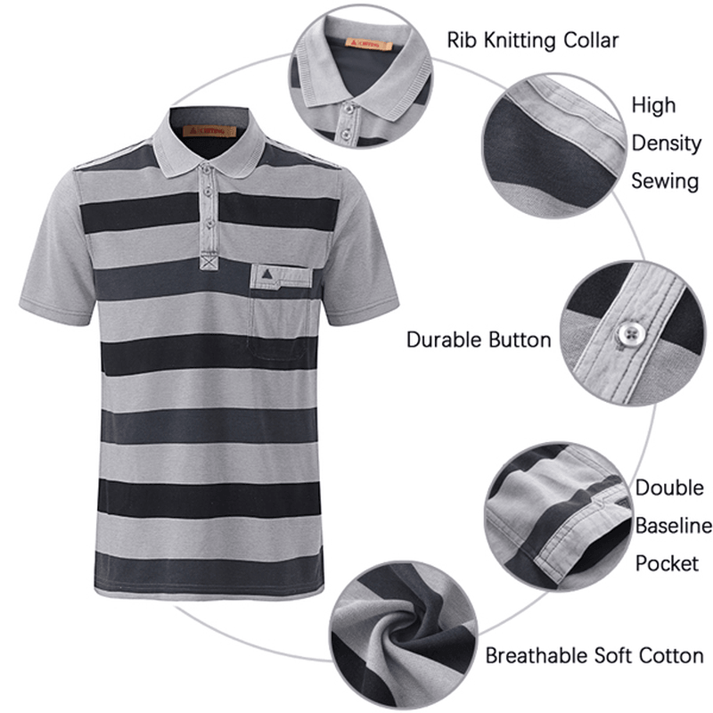 Men'S Striped Printed Soft Cotton T-Shirts Casual Turn-Down Collar Golf Shirt - MRSLM