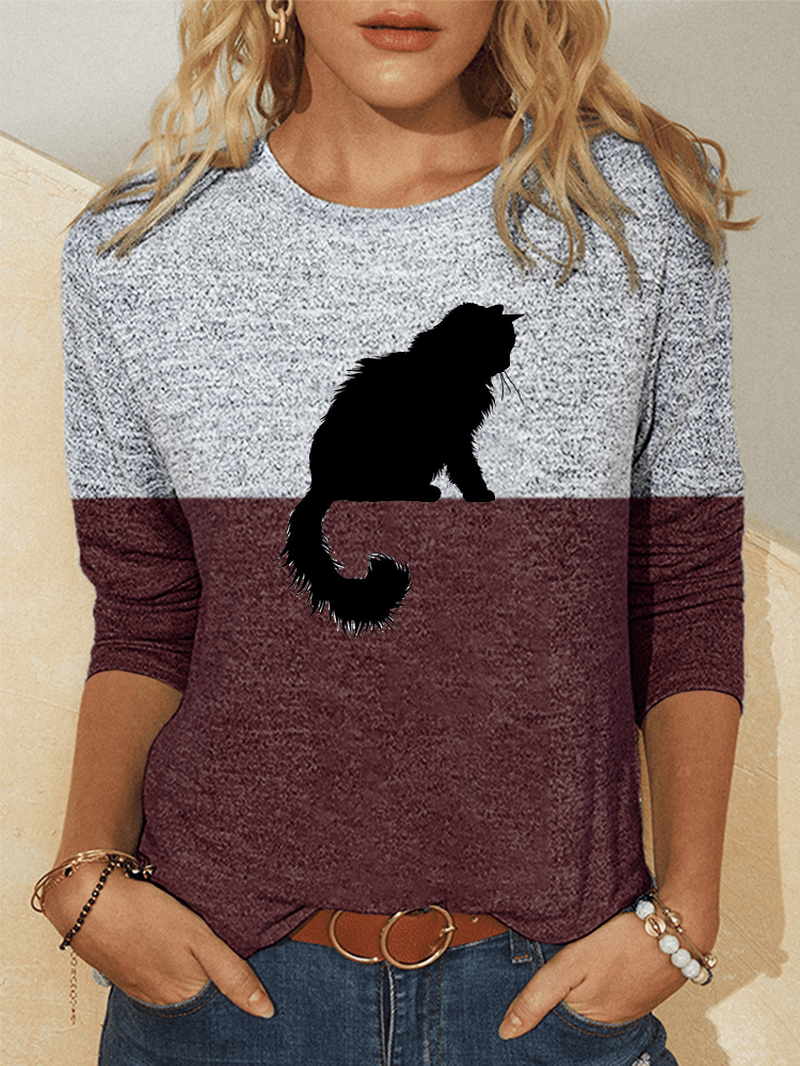 Women Cute Cat Print Colorblock Long Sleeve Casual Blouses - MRSLM