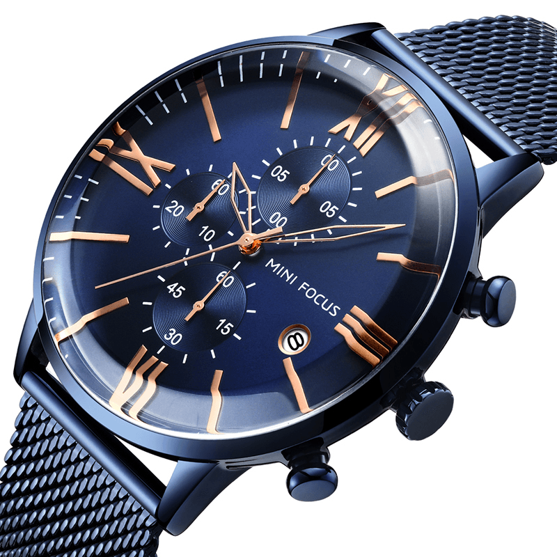 MINI FOCUS MF0236G Business Chronograph Calendar Mesh Steel Quartz Watch Men Wristwatch - MRSLM