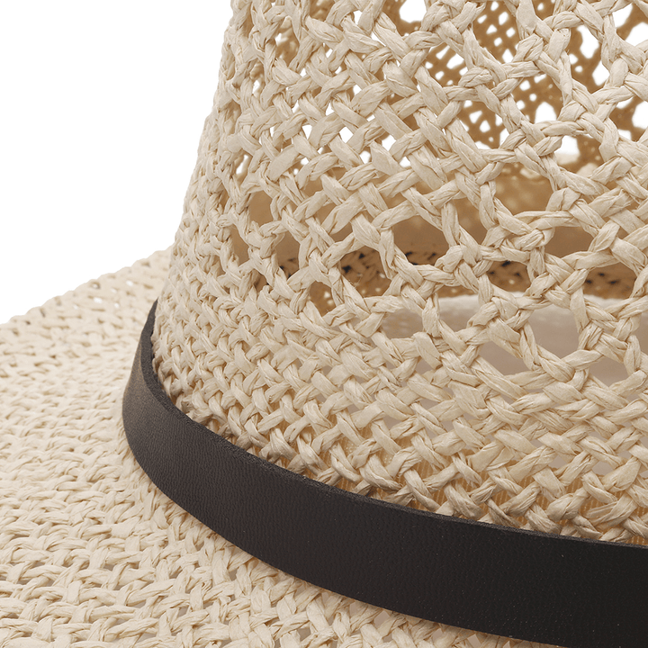 Men Women Personalized Handmade Straw Jazz Hat Outdoor Travel Beach Breathable Mesh Hollow Sun Cap - MRSLM