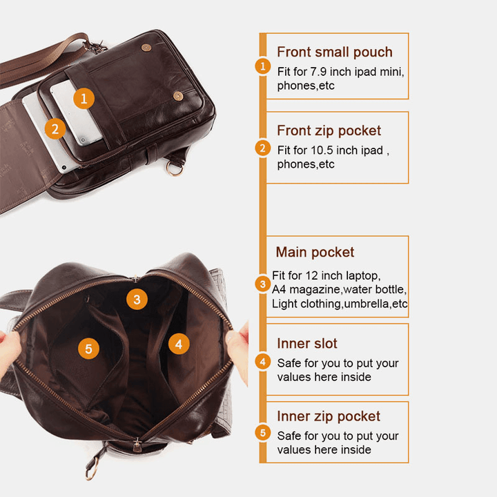 Men Genuine Leather Large Capacity Multi-Compartment Backpack Retro Multifunction Crossbody Shoulder Bags - MRSLM