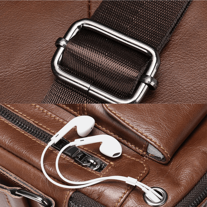 Men Genuine Leather Multi-Pockets Earphone Hole Vintage Waterproof Crossbody Bags Shoulder Bags - MRSLM