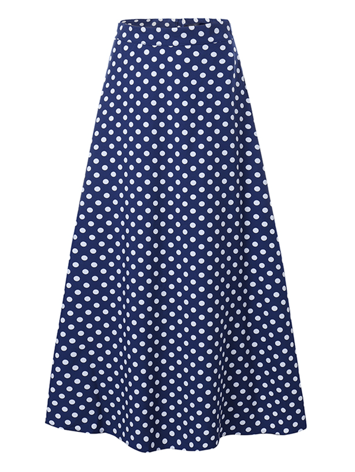 Women Polka Dot Print Loose Big Swing Side Pockets Casual Long Skirt - MRSLM