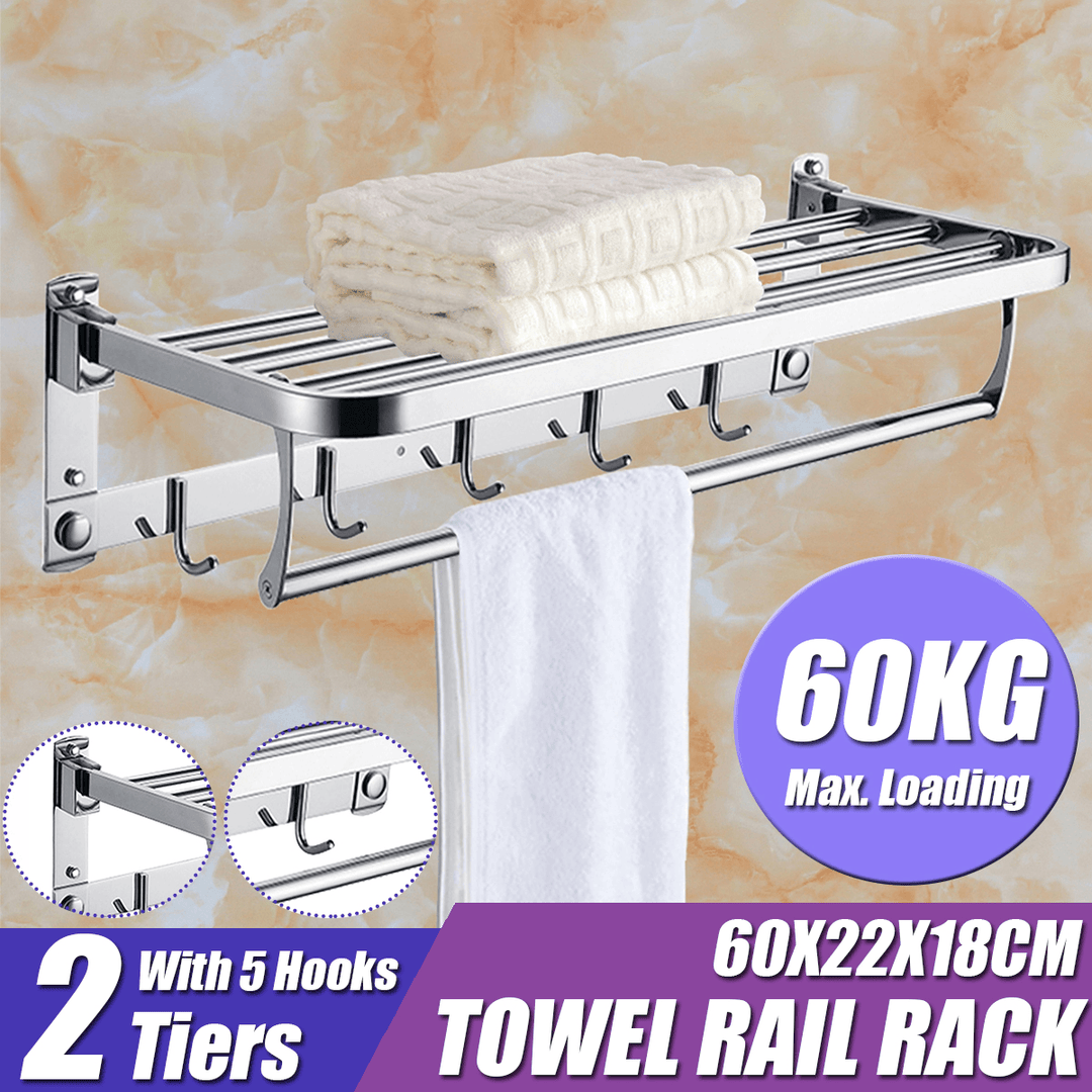 Bakeey 304 Stainless Steel Double Towel Rail Rack Shelf Wall Mounted Bathroom with 5 Hook - MRSLM