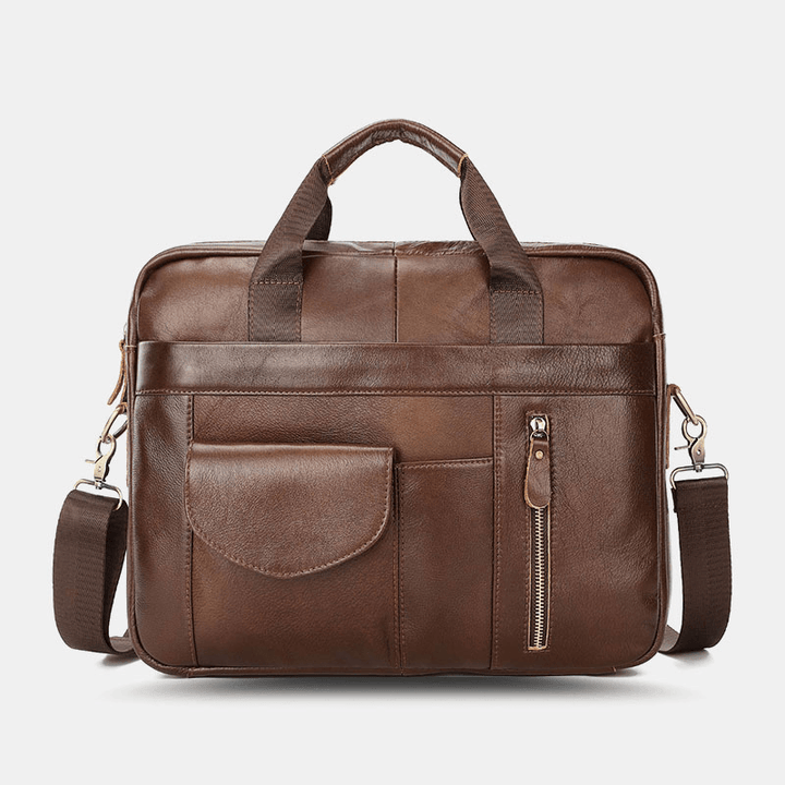 Men Genuine Leather Multi-Pocket Vintage 14 Inch Laptop Bag Briefcases Crossbody Bag Shoulder Bag Handbag - MRSLM