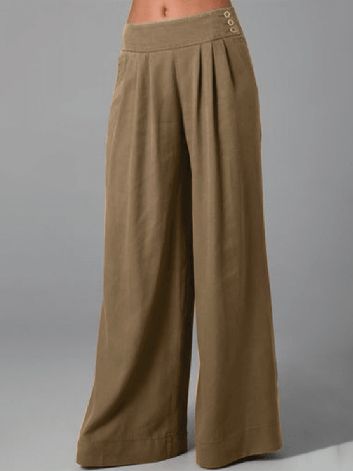 Women Solid Color Side Button Zipper Pocket Loose Casual Wide Leg Pants - MRSLM