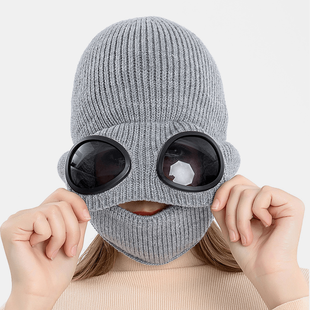 Unisex plus Velvet Thick Warm Neck Face Ear Protection Headgear Knitted Hat Mask Pilot Glasses - MRSLM