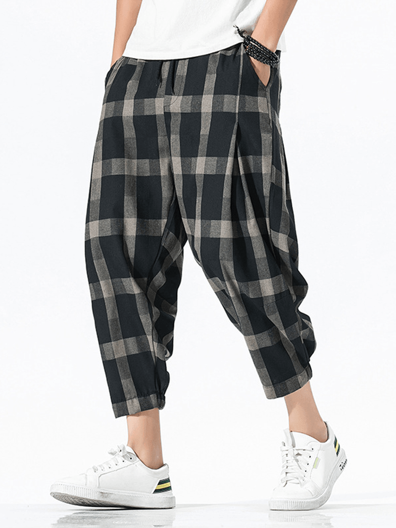 Men Linen Checked Drawstring Harem Pants - MRSLM