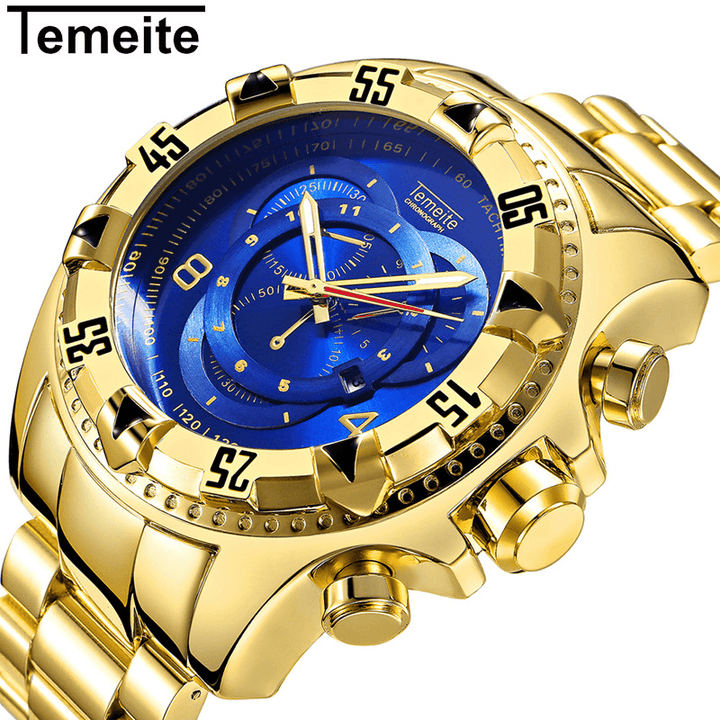 TEMEITE 020G Men Watch Business Waterproof Luminous Stainless Steel Calendar Three-Eyes Quartz Watch - MRSLM