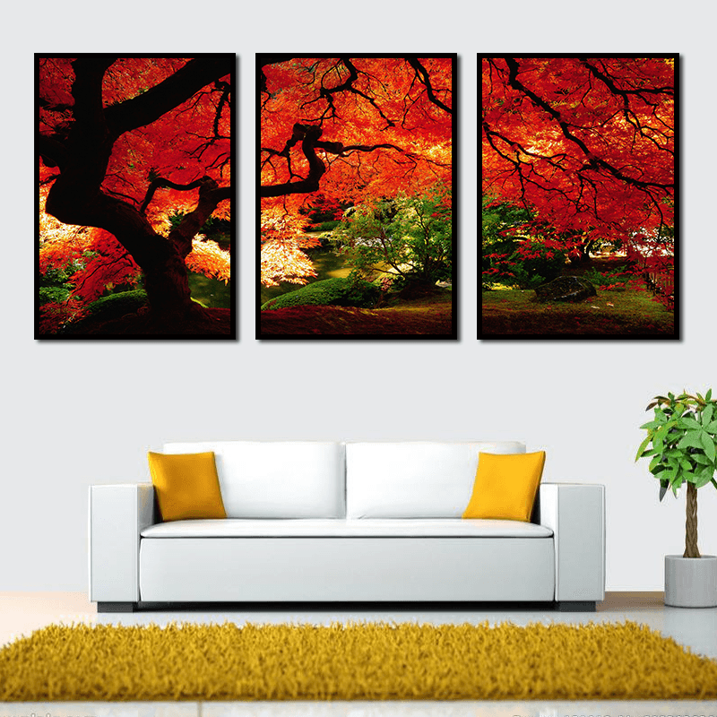 Miico Hand Painted Three Combination Decorative Paintings Maple Tree Wall Art for Home Decoration - MRSLM