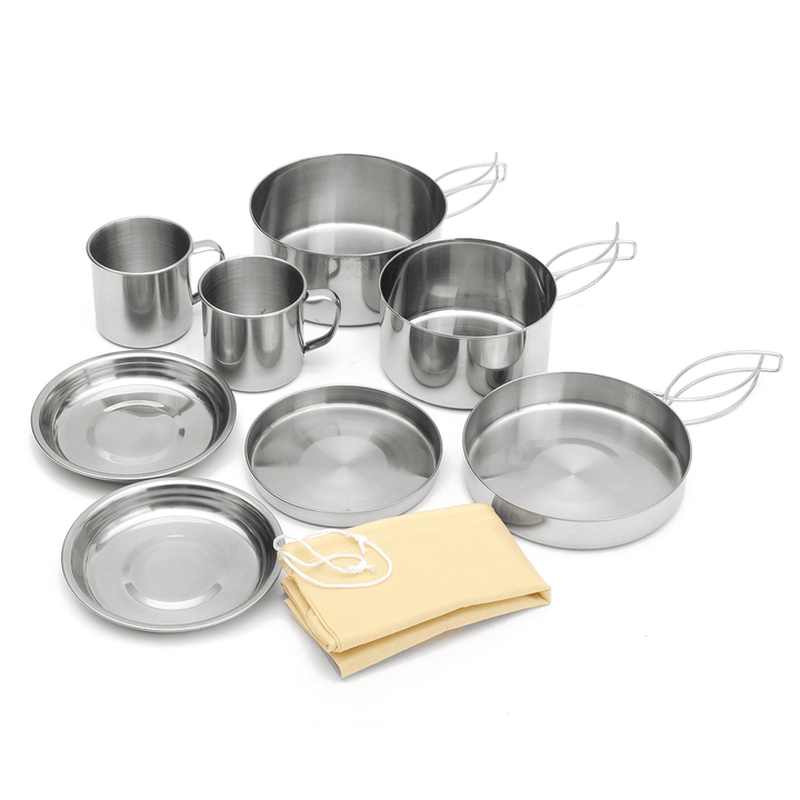 9 Pcs Camping Stainless Steel Cookware Outdoor Pot Bread Plate Cup Picnic Set - MRSLM