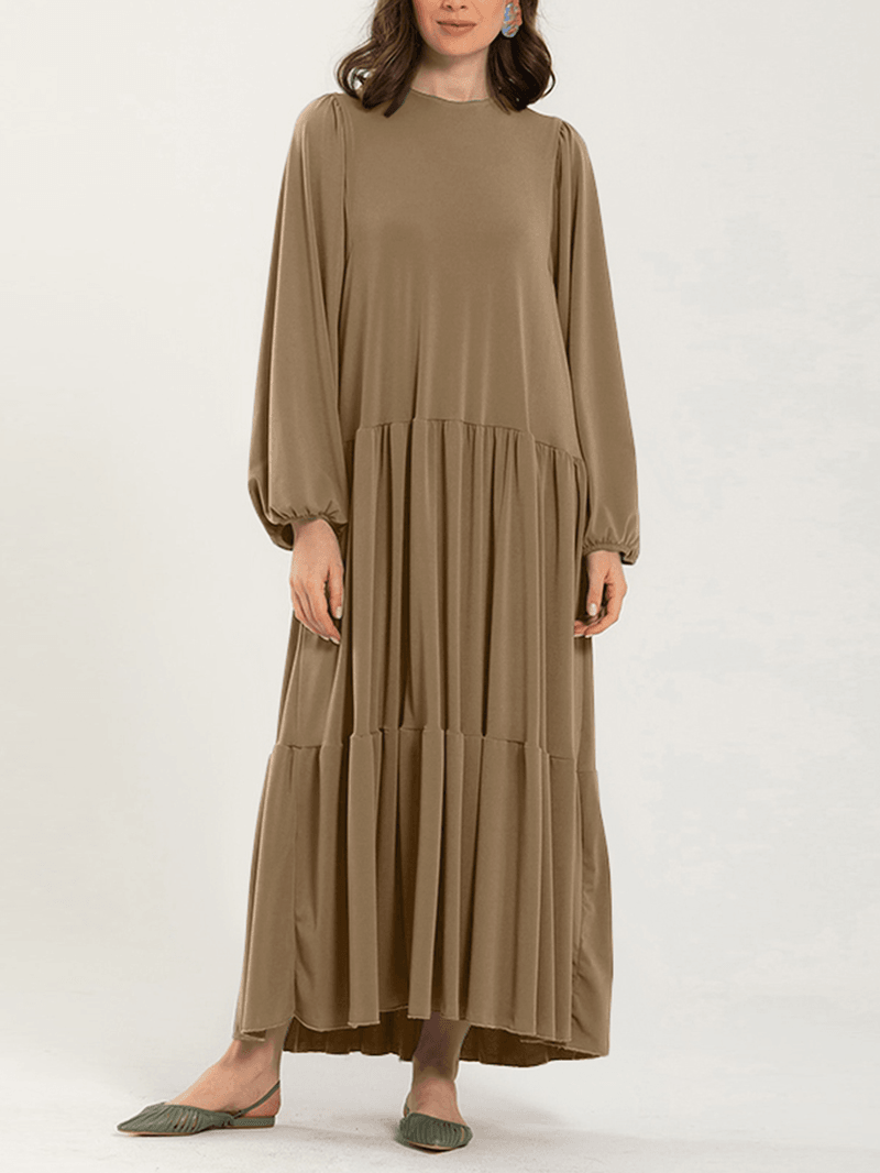 Women Solid Color Puff Sleeve Loose Layered Tiered Casual Maxi Dress - MRSLM