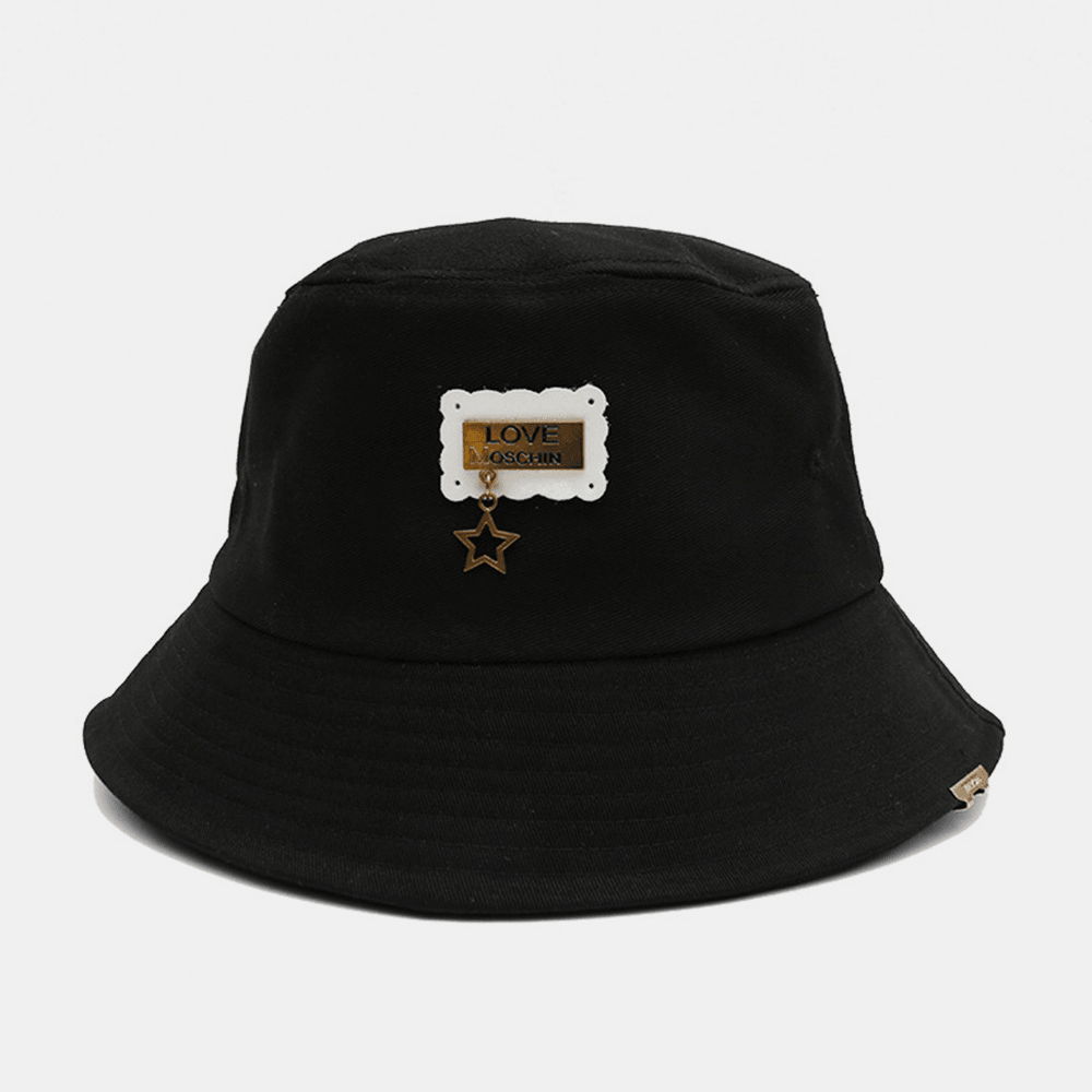 Unisex Cotton Wide Brim Metal Label Bucket Hat Outdoor Wild Five-Pointed Star Pendant Anti-Uv Sunshade Hat - MRSLM