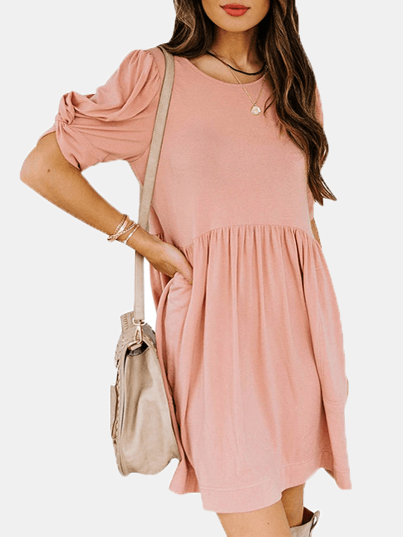 Women Pleats Solid Color Twist Sleeve Casual Dress - MRSLM