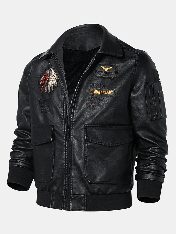 Mens Tribal Embroidery Eagle Head Badge Pocket Zipper Long Sleeve PU Leather Jackets - MRSLM