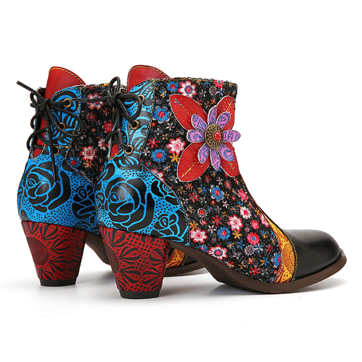 Women Retro Leaf Flower Leather Comfy Zipper Ankle Boots - MRSLM