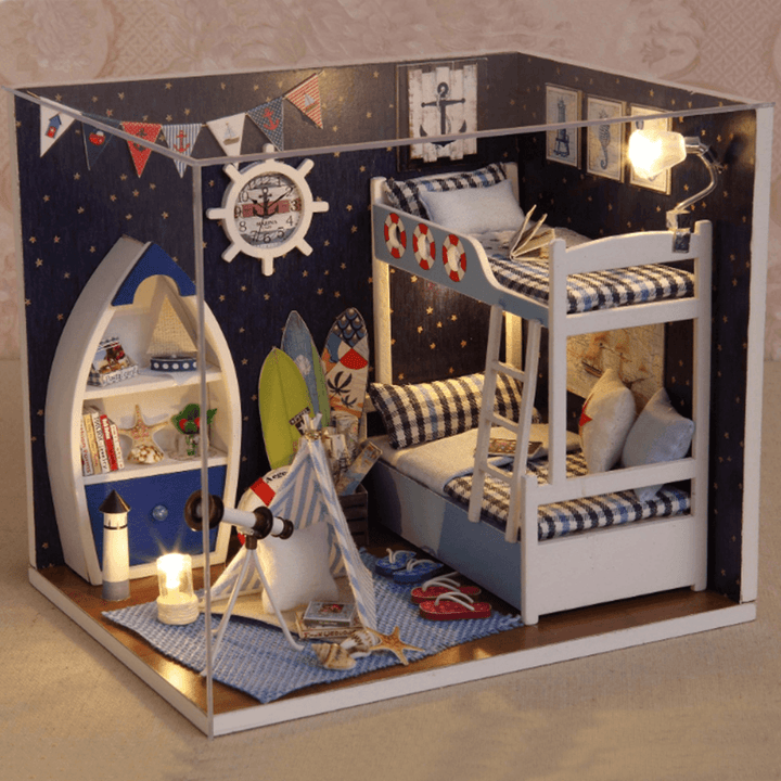 Creative Room DIY Handmade Assembly Doll House Miniature Furniture Kit with LED Light Dust Proof Cover Toy for Kids Birthday Gift Home Decoration Collection - MRSLM