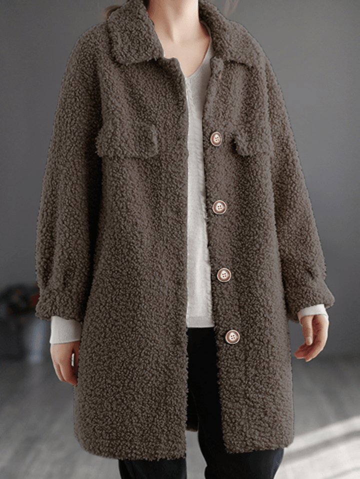 Women Solid Loose Casual Teddy Velvets Wool Daily Leisure Retro Lapel Medium Long Coat - MRSLM