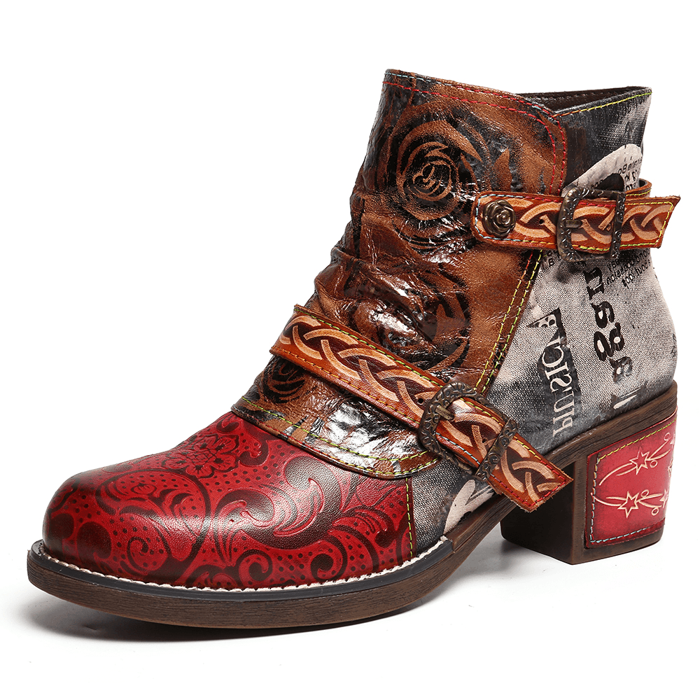 Women Embossed Rose Genuine Leather Splicing Boots - MRSLM