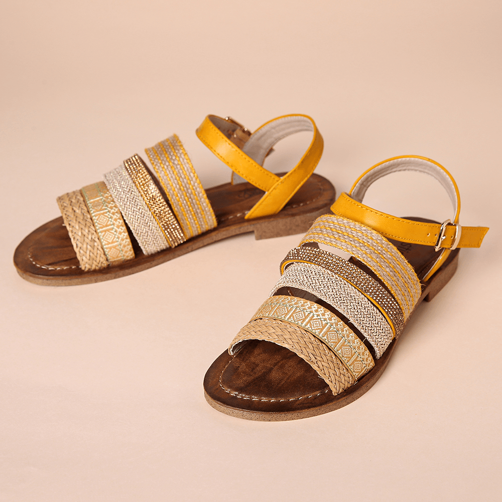 Lostisy Women Casual Bohemia Weave Stitching Buckle Flat Sandals - MRSLM