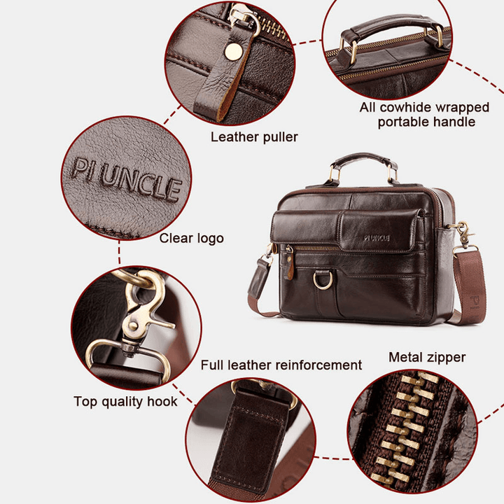 Men Genuine Leather Multi-Pocket Crossbody Bags Large Capacity Retro 6.5 Inch Phone Bag Briefcase Shoulder Bag Handbag - MRSLM