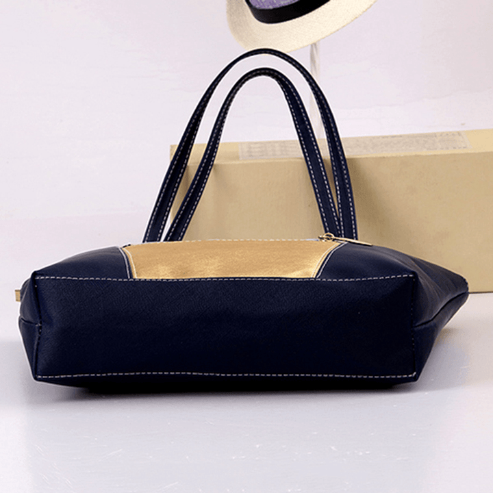 Women PU Leather Large Capacity Color Block Handbag Shoulder Bag - MRSLM