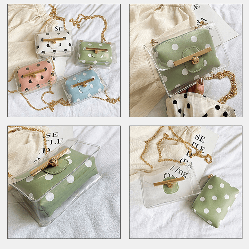 Women 2Pcs Dot Chains PVC Crossbody Bag - MRSLM