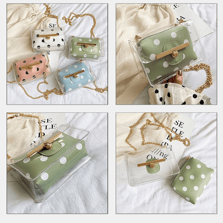 Women 2Pcs Dot Chains PVC Crossbody Bag - MRSLM