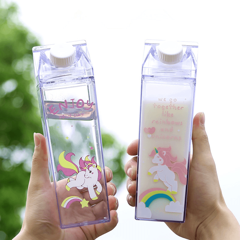 Portable Cup Novelty Milk Carton Shaped Cartoon Unicorn Printed Water Bottle - MRSLM