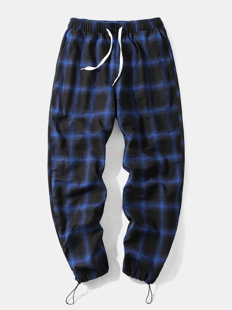 Mens Plaid Casual Drawstring Waist Jogger Waist with Bungee Cords - MRSLM