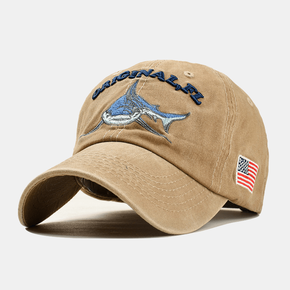 Men Women Denim Sunshade Hat Embroidered Letter Shark Washed Baseball Cap - MRSLM