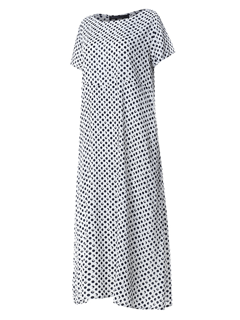 Crewneck Polka Dot Print Short Sleeve Midi Dress - MRSLM