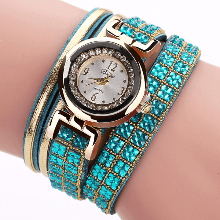 DUOYA Fashion Style Leather Band Bracelet Winding Rhinestones Dial Quartz Moement Ladies Watches - MRSLM