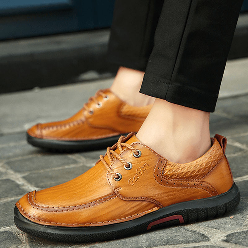 Men Casual Comfy Soft Sole Genuine Leather Lace up Oxfords Shoes - MRSLM