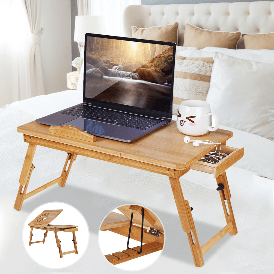 Nature Bamboo Folding with Heat Dissipation Hole Drawer Laptop Desk Computer Mackbook Desktop Holder Bed Desk Tray Stand - MRSLM