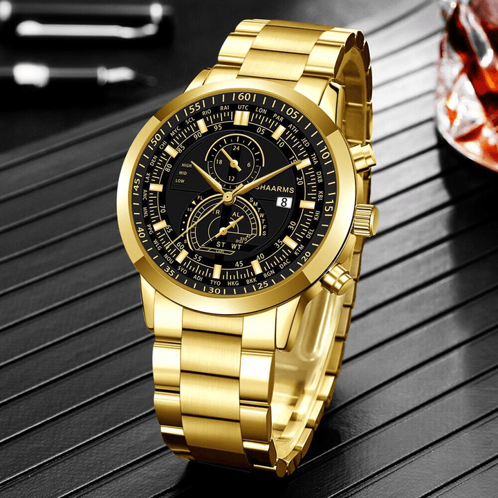 Fashion Elegant Alloy Stainless Steel Business Band Quartz Watch Two-Eye Calendar Men Watch - MRSLM