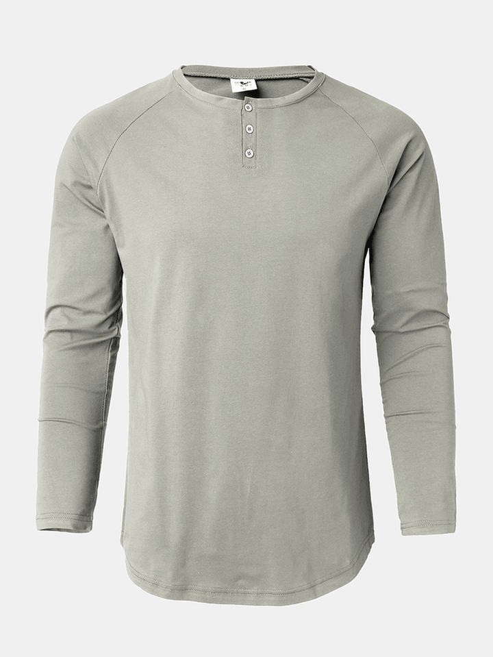 Mens Cotton Solid Color Button round Neck Long Sleeve Basic T-Shirt - MRSLM