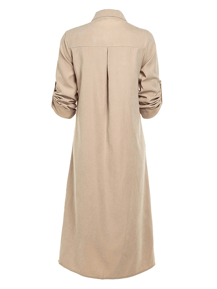 Women Long Adjustable Sleeve Button Turn-Down Collar Long Shirt Dress - MRSLM