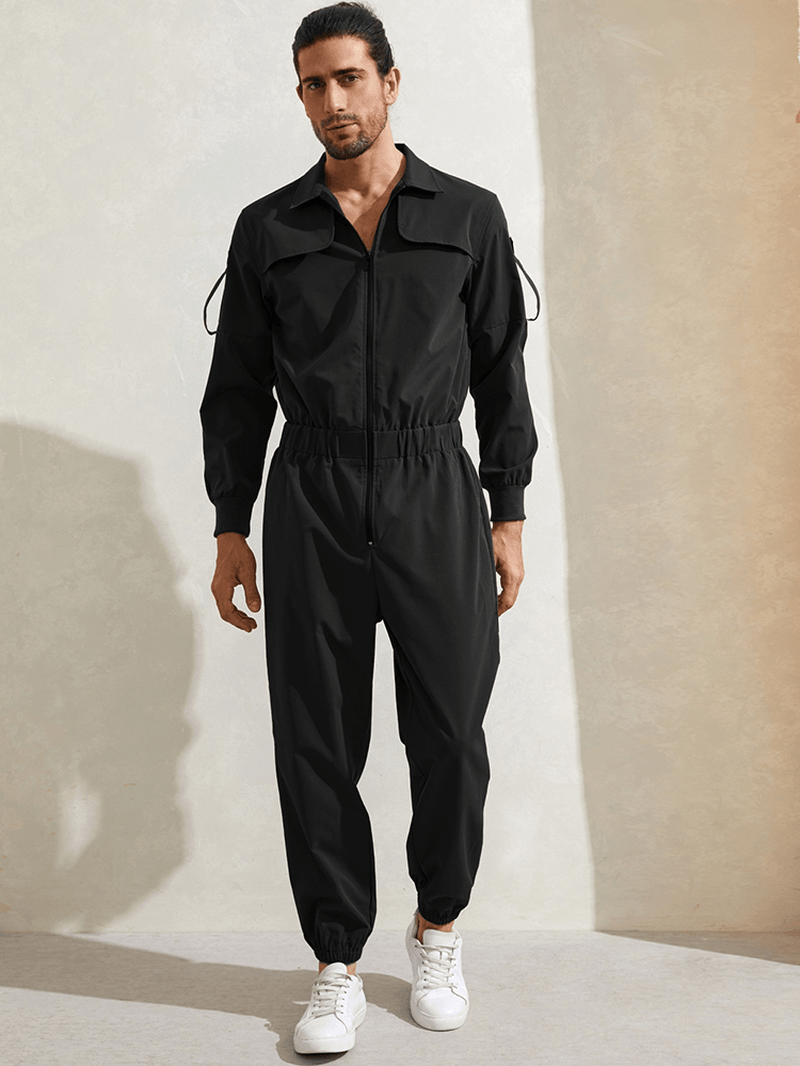 Mens Zipper up Lapel Collar Leisure Jumpsuit - MRSLM